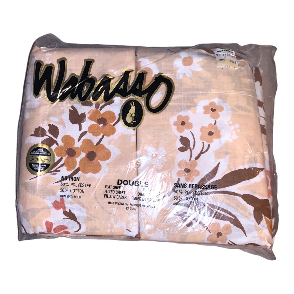 NWT VTG Flower Power Soft Beige Brown Retro Double Full Sheet Pillow Case Set